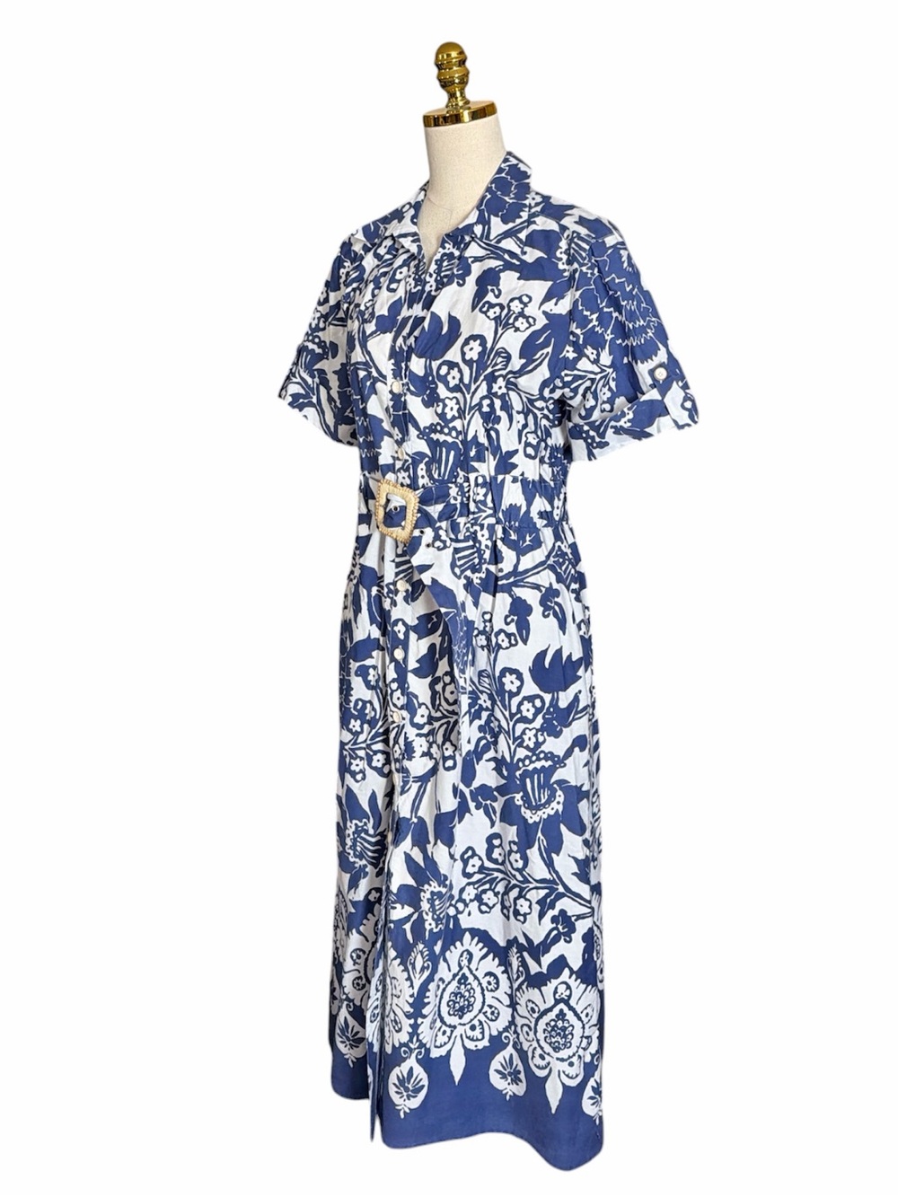 Joie Blue White Floral Cotton Midi Shirtdress Belted Short Sleeve Pockets Large - Picture 6 of 13